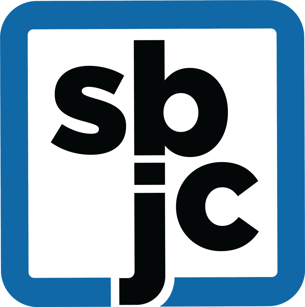 This is SBJC's square logo, a blue frame with SBJC written inside in bold font.